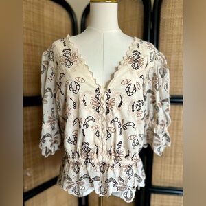 NWT ANTHROPOLOGIE WOMENS EYELET BLOUSE LARGE PUFF SLEEVE IVORY BOHO PEASANT